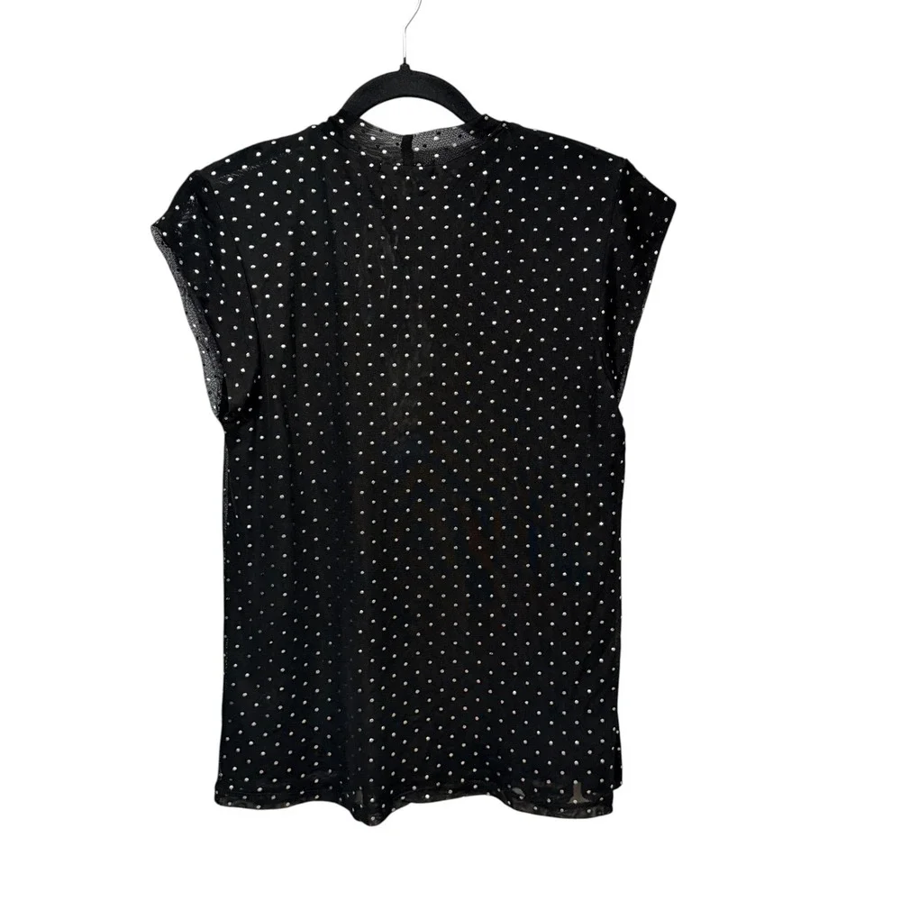 Nine Britton Womens Black Silver Foil Polka Dot Mesh Mock Neck Cap Sleeve Top S